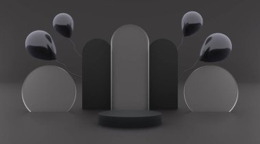 Siyah arkaplan ve daire şeklindeki cam efektli podyum siyahı ürün tasarım broşürünüz için 3d illüName