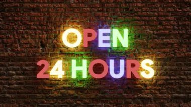 Neon sign animation Open 24 hours on a brick background. colorful neon sign Open 24 hours in suitable for store or bar and night club,casino. 4K business concept looping video. 3d illustration render