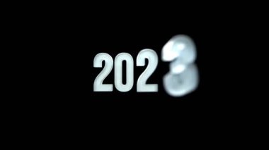 2023 metin numarası 3d animasyon beyaz renk siyah izole arkaplan. Hareket bulanıklığı etkisi. 3D resimleme, 4k çözünürlük videosu. döngü videosu