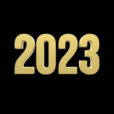 2023 text number 3d yellow color in black isolated background . 3d illustration render