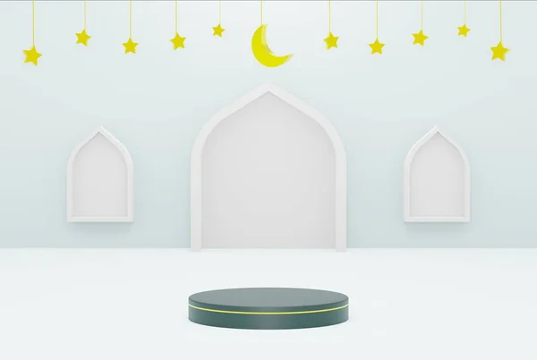 白い背景スターと三日月ゴールドカラー ラマダーンケレム イードとイスラムの概念を持つ3Dプラットフォーム 3Dイラストレンダリング — ストック写真