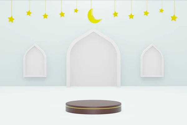3d Platform with white background star and crescent gold color, ramadan kareem,eid and islamic concept. 3d illustration rendering