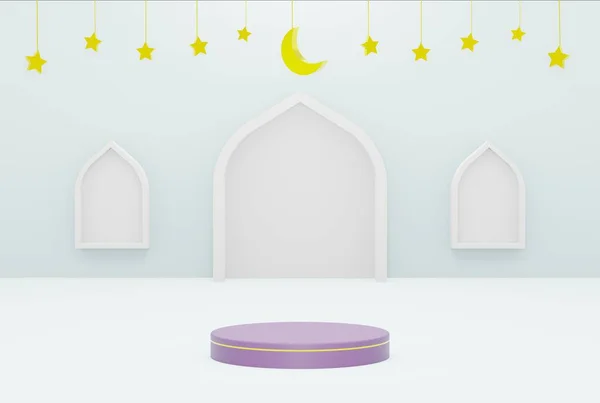 白い背景スターと三日月ゴールドカラー ラマダーンケレム イードとイスラムの概念を持つ3Dプラットフォーム 3Dイラストレンダリング — ストック写真