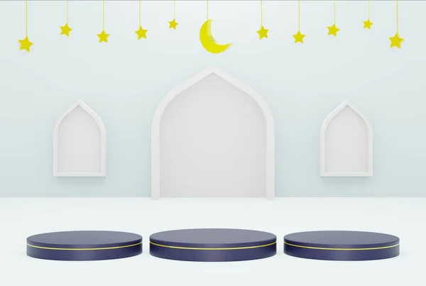 Plataforma Com Estrela Fundo Azul Cor Dourada Crescente Kareem Ramadan — Fotografia de Stock