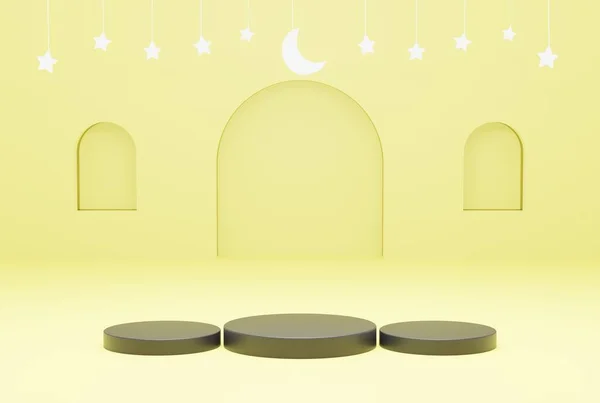 黄色の背景スターと三日月の白い色を持つ3Dプラットフォーム ラマダーンケレム Eidとイスラムの概念 3Dイラストレンダリング — ストック写真