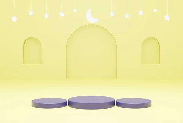 黄色の背景スターと三日月の白い色を持つ3Dプラットフォーム ラマダーンケレム Eidとイスラムの概念 3Dイラストレンダリング — ストック写真