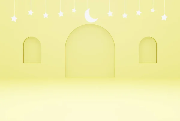3D黄色の背景スターと三日月の白い色 ラマダーンケレム Eidとイスラムの概念 3Dイラストレンダリング — ストック写真