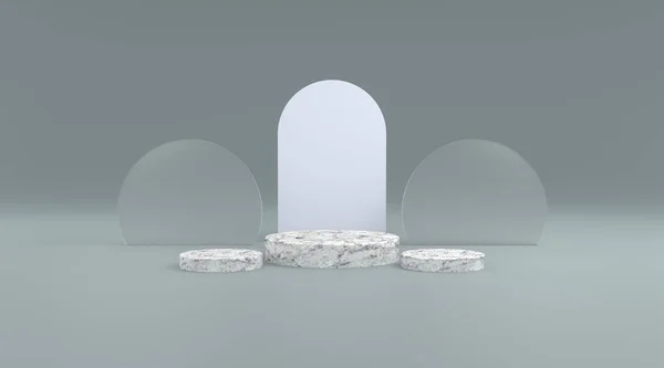 Platform Marmor Und Kreis Glas Grauem Hintergrund Illustration Rendering Geeignet — Stockfoto