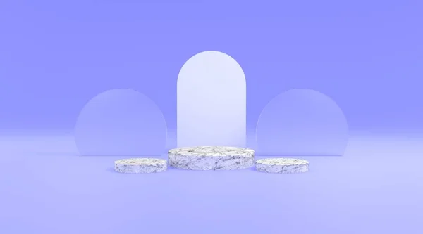 Platform Marmor Und Kreis Glas Blauem Hintergrund Illustration Rendering Geeignet — Stockfoto