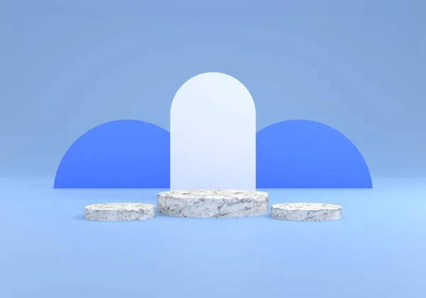 Platform Mermer Desen Mavi Arkaplan Resimleme Ile Beyaz Renk Ürün — Stok fotoğraf