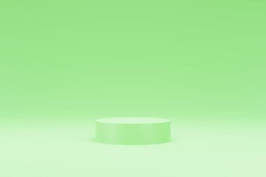 Ürün arkaplan sahnesi için 3d platform yeşil renk veya parlayan spot ışığı ve boş ekran platformu ile podyum kaidesi. 3d illüstrasyon oluşturma