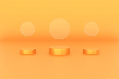 Ürün arka planı veya podyum için 3d platform turuncu rengi ve cam çemberli boş ekran platformu. 3d illüstrasyon oluşturma