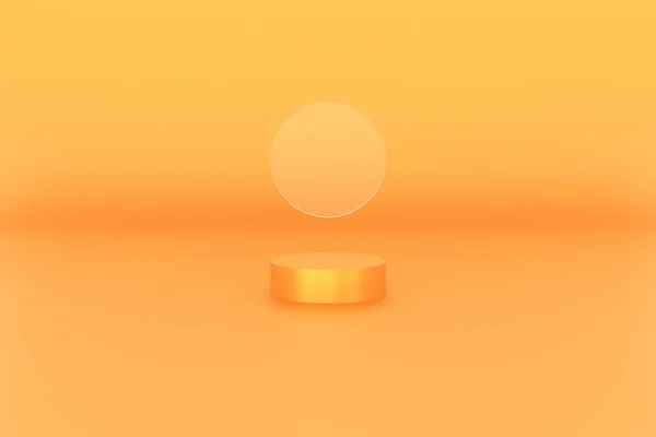 プロダクト背景段階または表彰台およびガラス円が付いている空白の表示プラットホームのための3Dプラットホームのオレンジ色 3Dイラストレンダリング — ストック写真