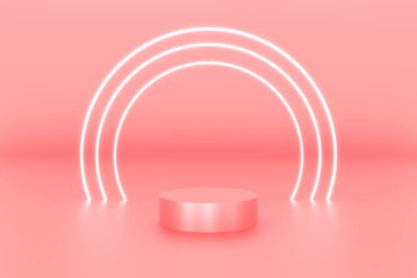 Ürün arka plan sahnesi veya podyum için 3D platform pembe renk ve halka dairesi beyaz renkli boş ekran platformu. 3d illüstrasyon oluşturma