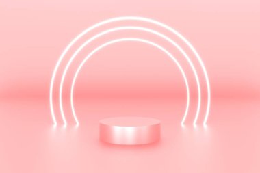 Ürün arka plan sahnesi veya podyum için 3D platform pembe renk ve halka dairesi beyaz renkli boş ekran platformu. 3d illüstrasyon oluşturma