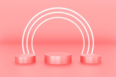 Ürün arka plan sahnesi veya podyum için 3D platform pembe renk ve halka dairesi beyaz renkli boş ekran platformu. 3d illüstrasyon oluşturma