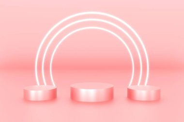 Ürün arka plan sahnesi veya podyum için 3D platform pembe renk ve halka dairesi beyaz renkli boş ekran platformu. 3d illüstrasyon oluşturma