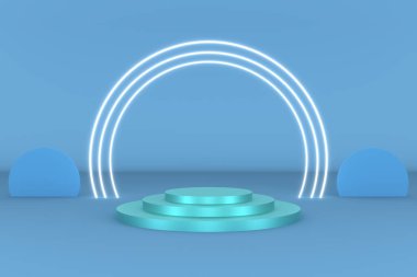 Ürün arka plan sahnesi veya podyum için 3d platform mavi renk ve halka dairesi neon beyaz renkli boş ekran platformu. 3d illüstrasyon oluşturma