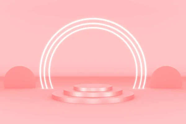 3d platform pink color for product background stage or podium and blank display platform with ring circle neon white color. 3d illustration rendering