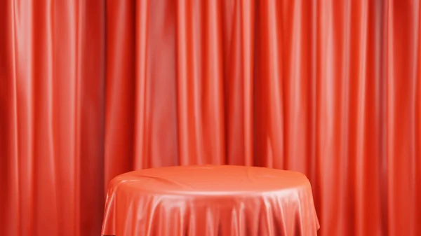 3d platform red color with cloth curtain in background red color 3d illustration rendering for product background and etc