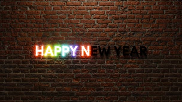 3D文字动画在砖头背景下 新年快乐 彩色霓虹灯标志谢谢你在适合商店或视频等 4K循环视频 — 图库视频影像