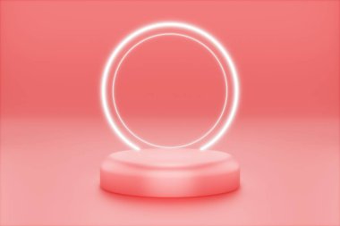 3d ürün arkaplan pembe platform veya beyaz neon daireli podyum