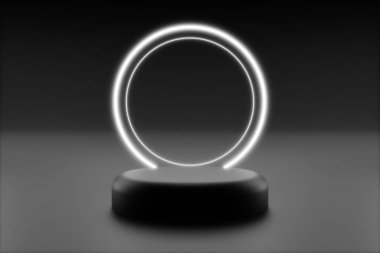 3d ürün arkaplan siyah platform veya podyum ve beyaz neon daire