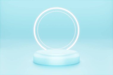 3d ürün arkaplan mavi platform veya podyum ve beyaz neon daire