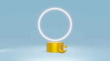 animasyon 3d ürün arkaplan neon ışık çemberi beyaz mavi arkaplan 3d illüstrasyon 4k video oluşturur