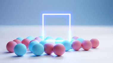 Pastel arka planda neon ışıkları olan balonlar. 3d resimleme