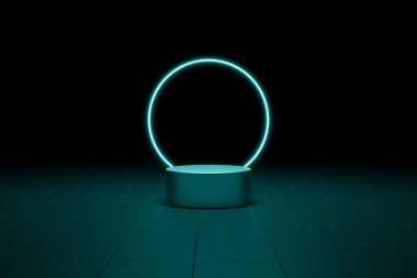 3D Mavi Çember Neon Parıltısı Karanlık Arkaplan Çizimi Platformu