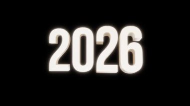 Siyah izole edilmiş arka planı olan 2026 numaralı animasyon metni. 4K video döngüsü. 3d illüstrasyon oluşturma