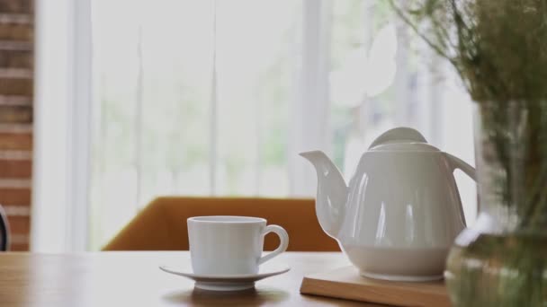Hand Pouring Hot Drink Teapot Tea Cup Mug Indoors Relaxing — Stock video