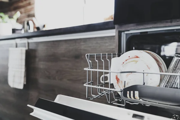 Closeup Opened Automatic Stainless Built Dishwasher Machine Modern Home Kitchen — Stock Photo, Image