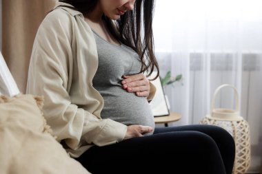Orta kesim mutlu, güzel, dikkatsiz, hamile bir kadının kollarıyla karnına dokunuşunun portresi. Evdeki pencerenin yanındaki kanepede oturmak. Müstakbel anne. Hayattaki en değerli an
