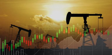 Benzin fiyatları kavramındaki artış, dijital ekranın çifte pozlandırılması, finansal grafikler ve petrol pompaları ile bir alan üzerinde