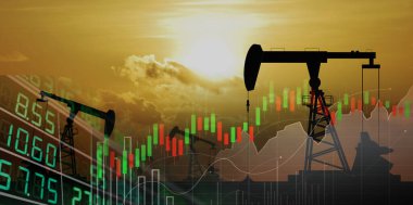 Benzin fiyatları kavramındaki artış, dijital ekranın çifte pozlandırılması, finansal grafikler ve petrol pompaları ile bir alan üzerinde