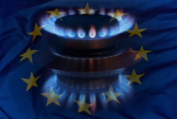Europe Union flag and flames of blue gas.