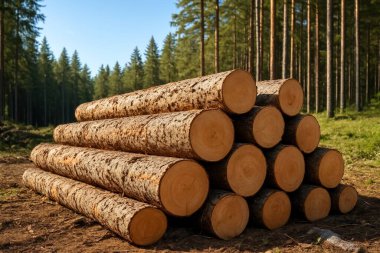 Sabah ışığında orman zeminine saçılmış taze ağaç kütükleri yığını, sakin bir ormanlık alanda uzun meşe ağaçları ile çevrili..