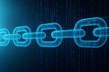 Parlayan cyan zincir bağlantıları ve arka planda kademeli ikili kod ile blok zinciri teknolojisinin gelecekteki dijital illüstrasyonu.