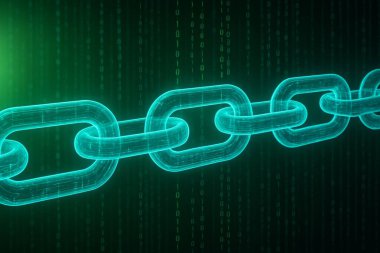 Parlayan cyan zincir bağlantıları ve arka planda kademeli ikili kod ile blok zinciri teknolojisinin gelecekteki dijital illüstrasyonu.