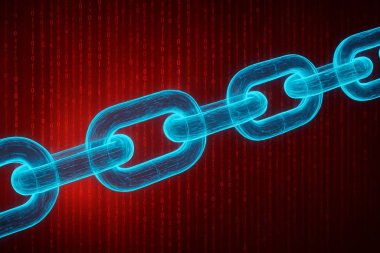 Parlayan cyan zincir bağlantıları ve arka planda kademeli ikili kod ile blok zinciri teknolojisinin gelecekteki dijital illüstrasyonu.