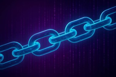 Parlayan cyan zincir bağlantıları ve arka planda kademeli ikili kod ile blok zinciri teknolojisinin gelecekteki dijital illüstrasyonu.