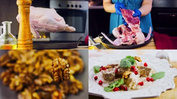 Patru Videoclipuri Pregătirea Satsivi Rață Nuci Mâncarea Tradițională Georgiană — Videoclip de stoc