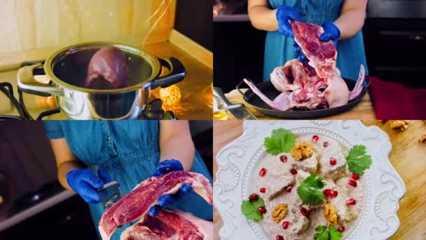 Quatro Vídeos Com Preparação Satsivi Com Pato Nozes Comida Tradicional — Vídeo de Stock