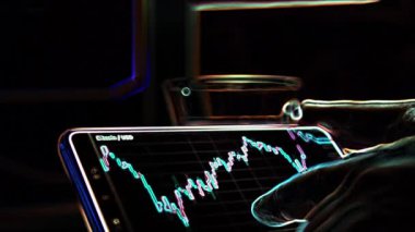Bitcoin cryptocurrency price graph chart on mobile phone screen, cryptocurrency future price prediction concept, edge detect effect.