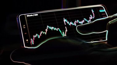 Bitcoin cryptocurrency price graph chart on mobile phone screen, cryptocurrency future price prediction concept, edge detect effect.