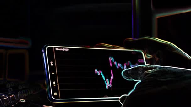 手机屏幕上的比特币加密货币价格图表 加密货币未来价格预测概念 边缘检测效果 — 图库视频影像