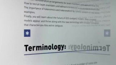 Abstract animation of holographic ICO text appearing in the middle of virtual reality room. Great clip for concepts about Initial Coin Offering and crypto currency.