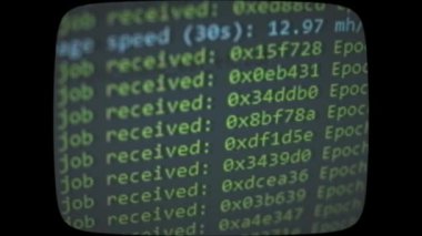Cryptocurrency mining on a computer screen. The algorithm of the computer program on the monitor. Execution of the program code for the mining program. Pop-up lines of a computer program.